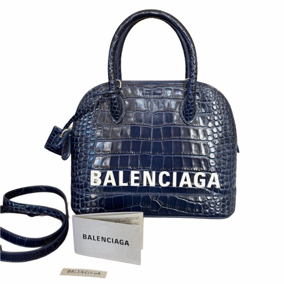 Balenciaga Handbags - Balenciaga Ville Large Navy Croc-Embossed Bag